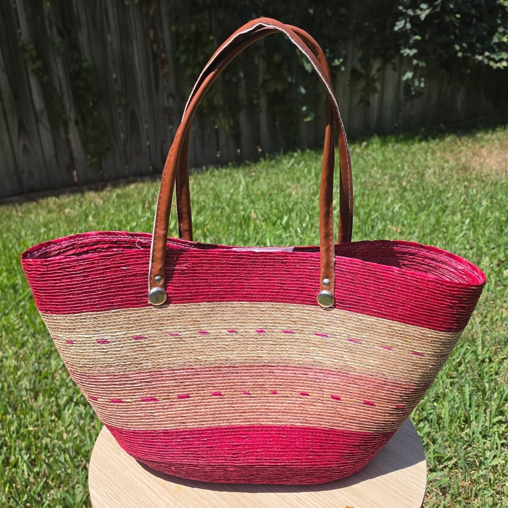 Unbranded Woven Straw Striped Tote Bag Pink Tan Beach Shopper Summer Handbag